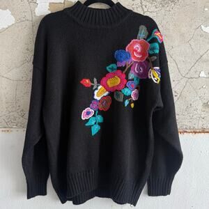 Vtg 80s Sweater Wool Blend Embroidered Multicolor Floral XL Oversize Cottagecore